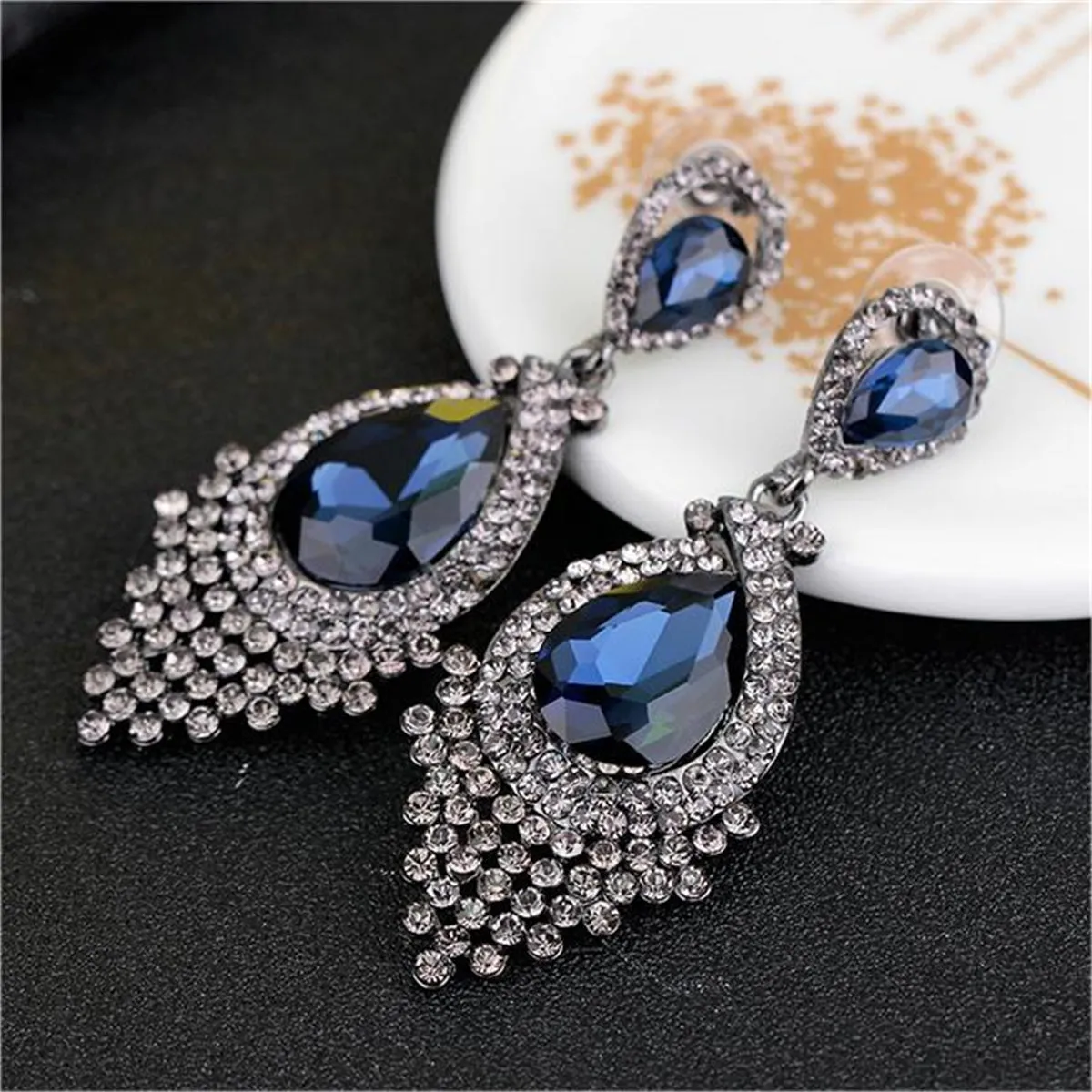 Blue Pear Crystal & Cubic Zirconia Drop Earrings
