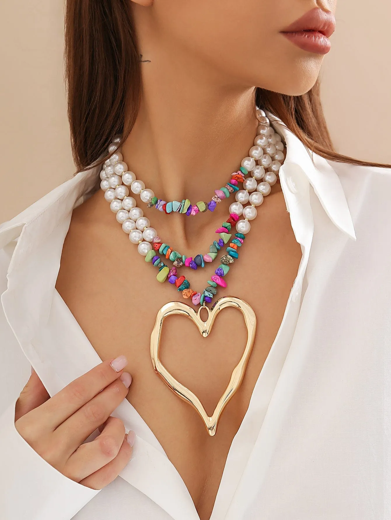 Boho Colorful Layered Turquoise Pearl Chain Heart Pendant Choker Necklace