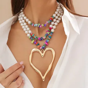 Boho Colorful Layered Turquoise Pearl Chain Heart Pendant Choker Necklace
