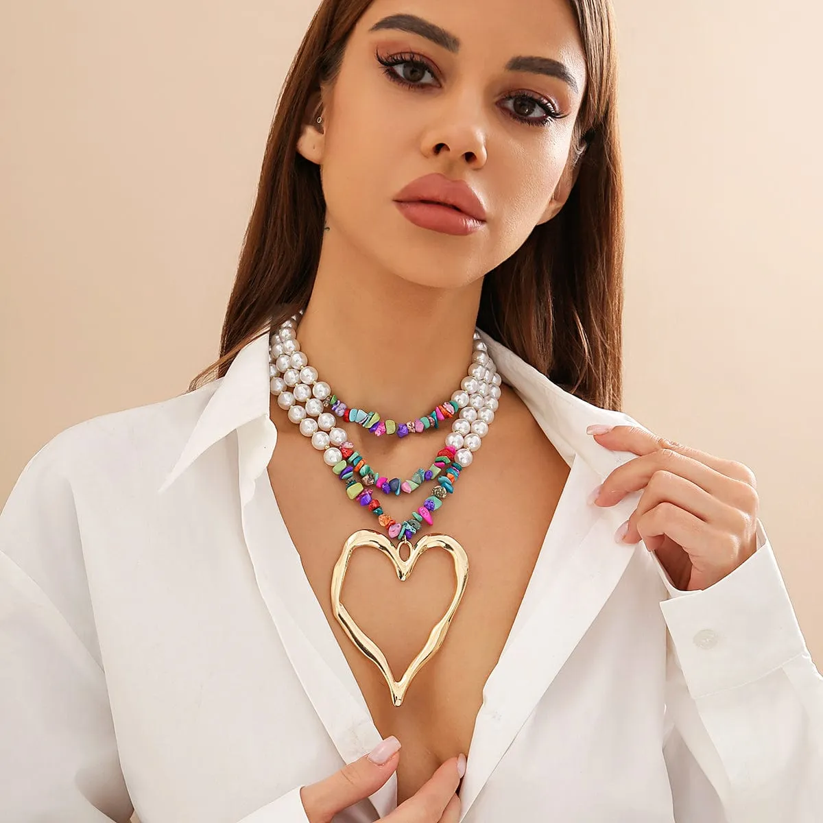 Boho Colorful Layered Turquoise Pearl Chain Heart Pendant Choker Necklace