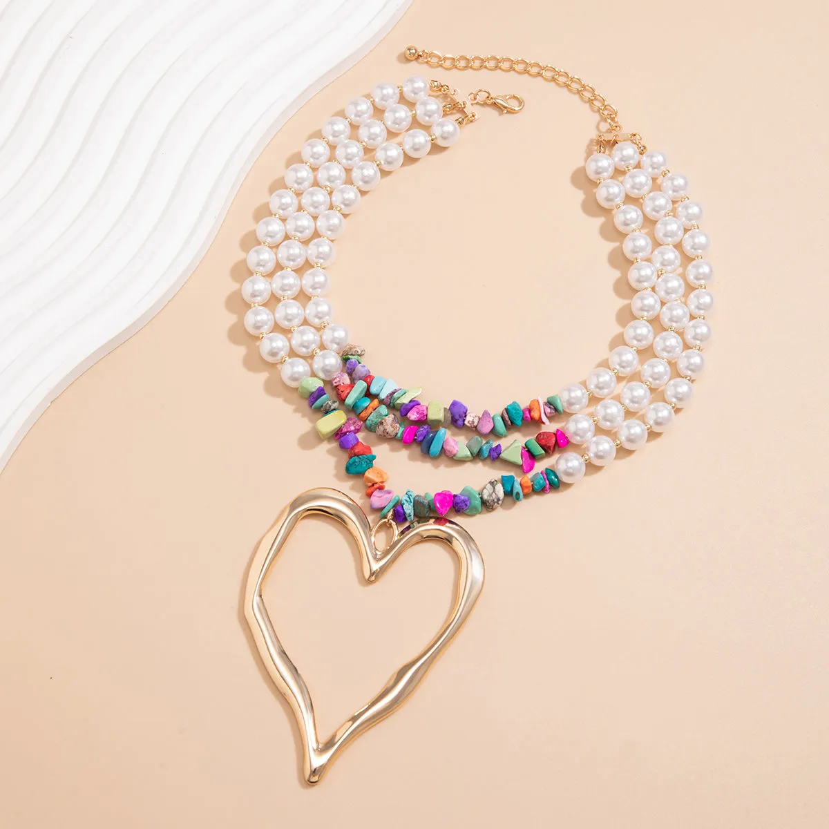 Boho Colorful Layered Turquoise Pearl Chain Heart Pendant Choker Necklace