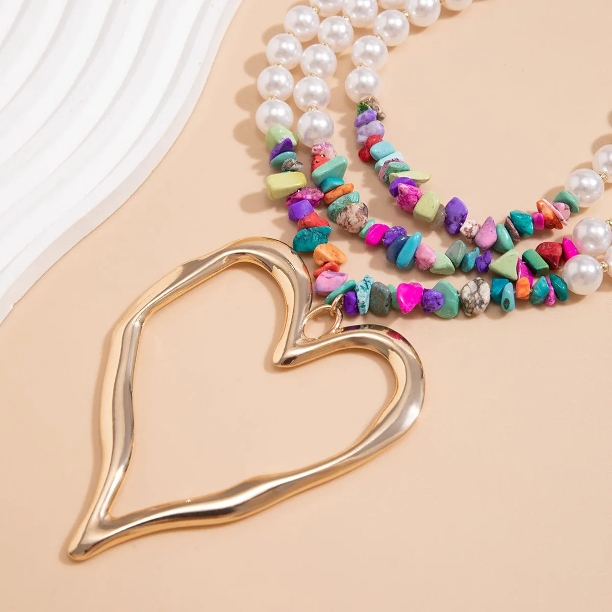Boho Colorful Layered Turquoise Pearl Chain Heart Pendant Choker Necklace