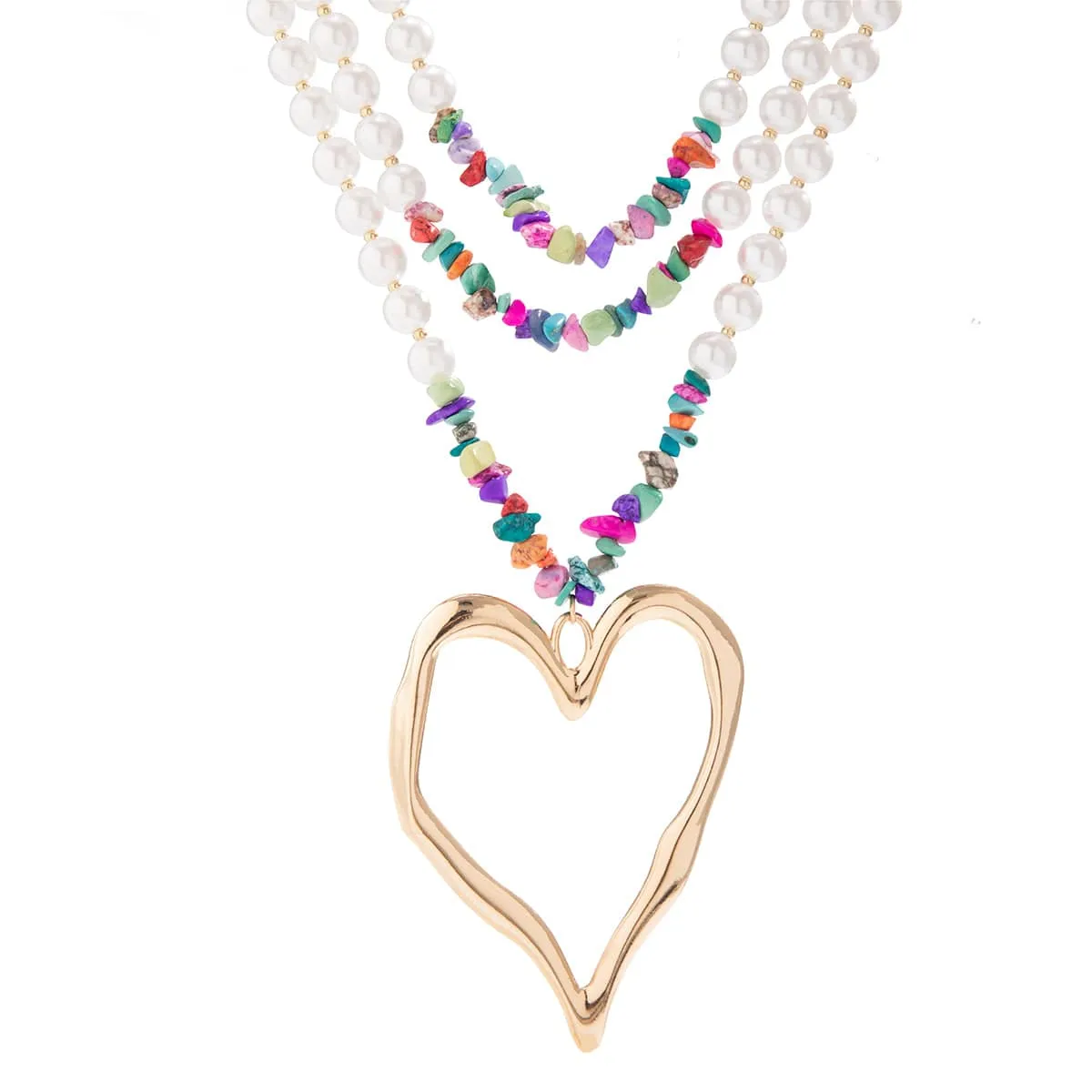 Boho Colorful Layered Turquoise Pearl Chain Heart Pendant Choker Necklace