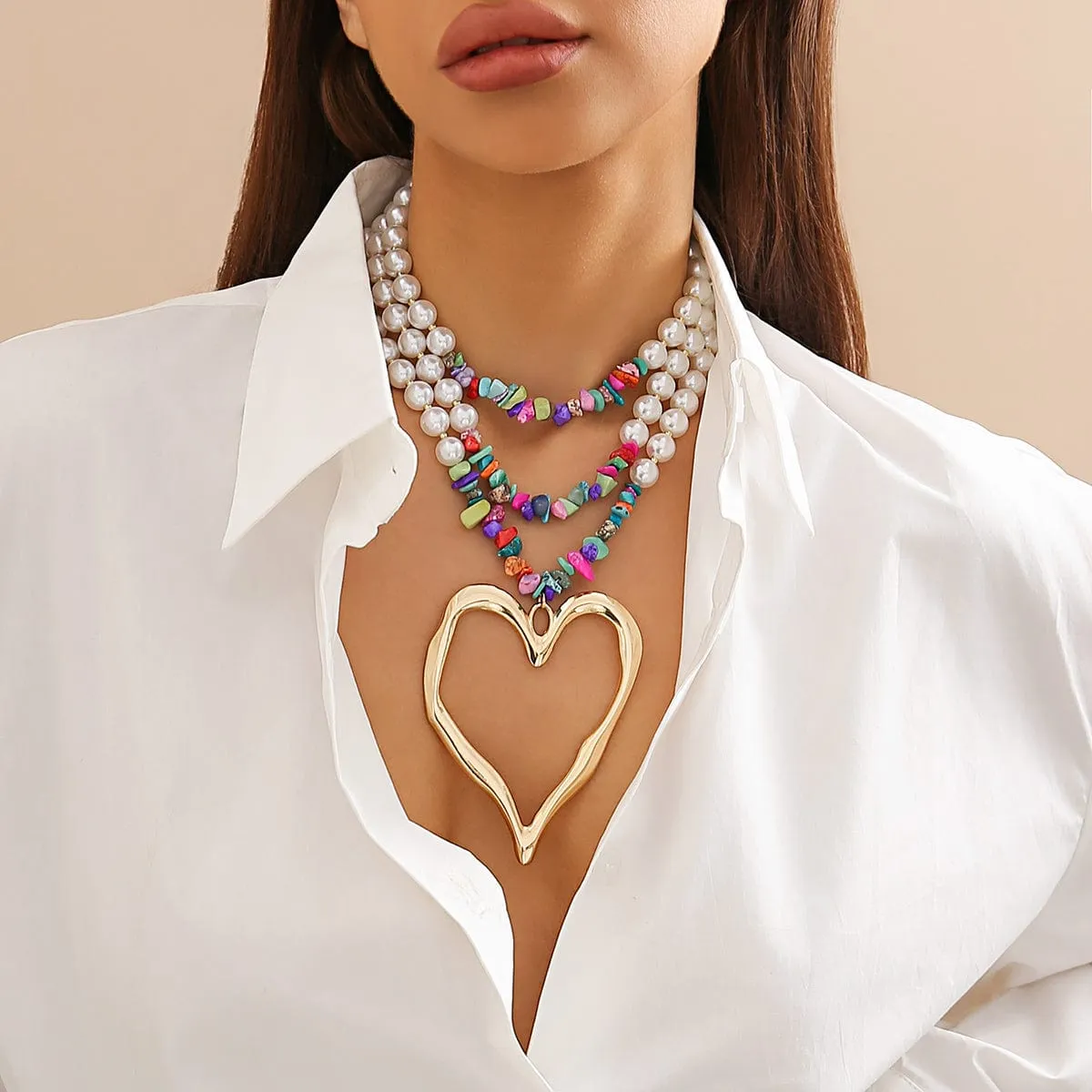 Boho Colorful Layered Turquoise Pearl Chain Heart Pendant Choker Necklace