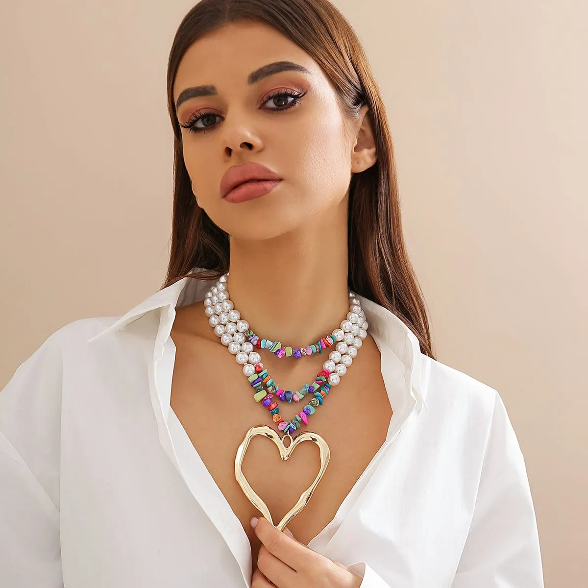 Boho Colorful Layered Turquoise Pearl Chain Heart Pendant Choker Necklace