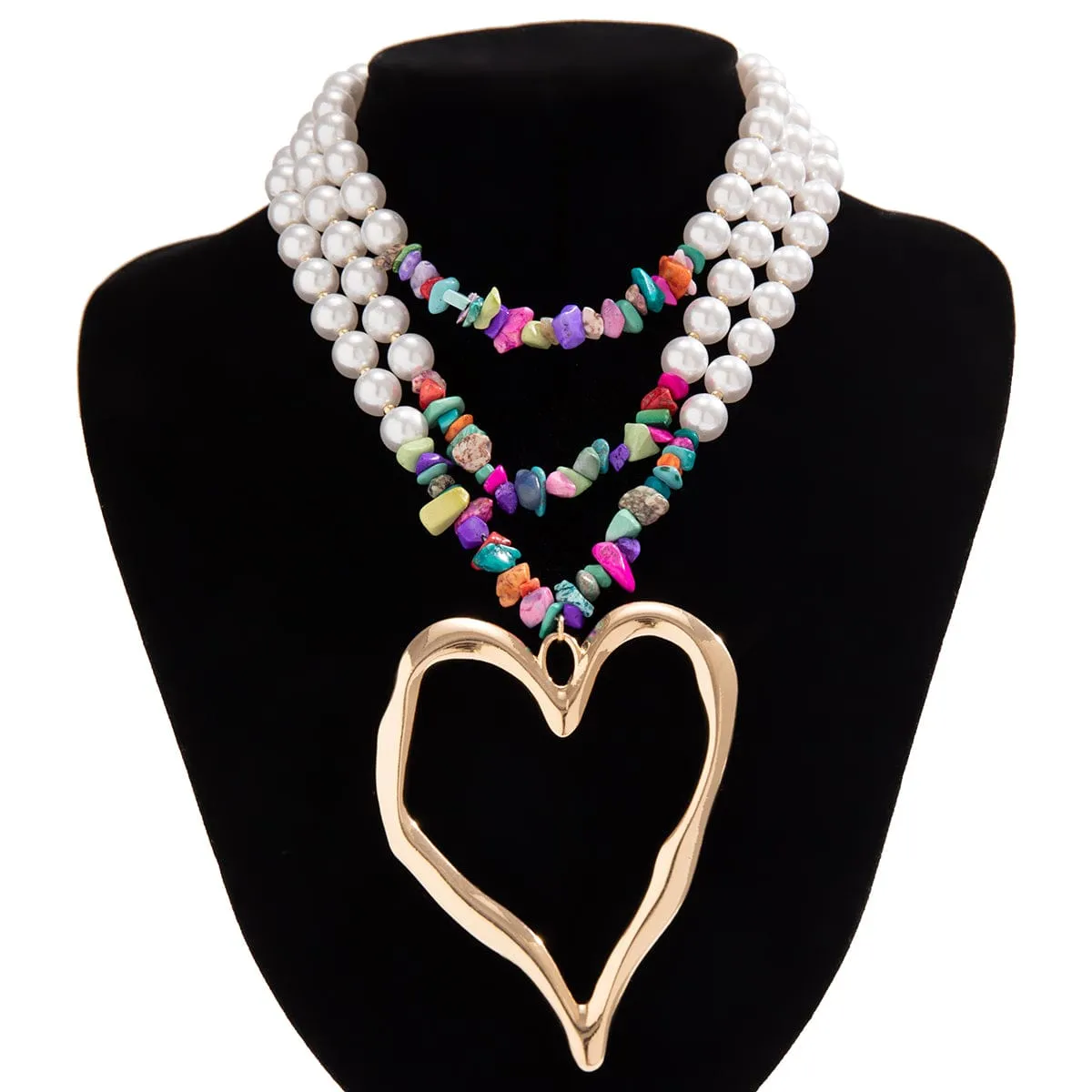 Boho Colorful Layered Turquoise Pearl Chain Heart Pendant Choker Necklace