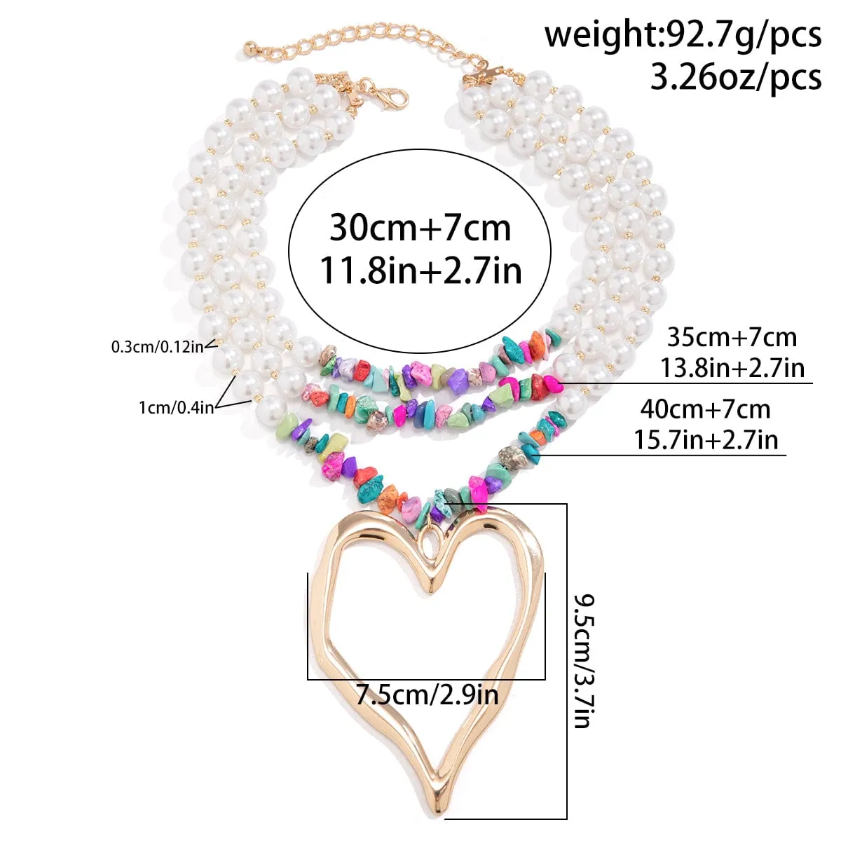 Boho Colorful Layered Turquoise Pearl Chain Heart Pendant Choker Necklace