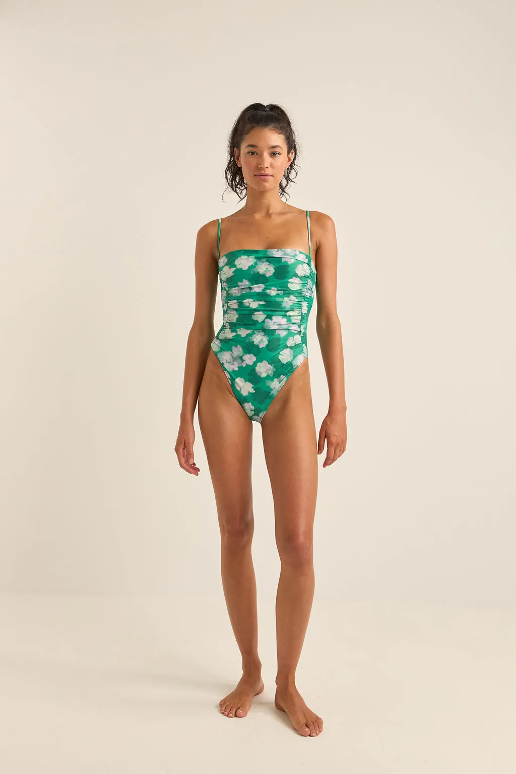 BONITA FLORAL SCRUNCHED SIDE ONE PIECE - GREEN