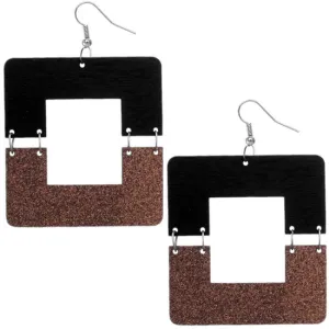 Bronze Black Square Wooden Glitter Link Earrings