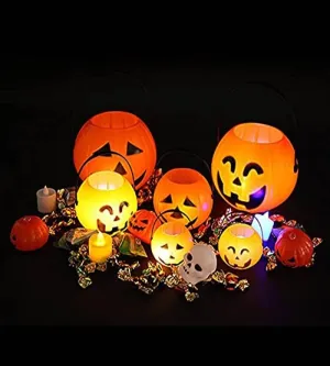 Brown Leaf Halloween Plastic Big Pumpkin with Led Candle Light Buckets Portable Pumpkin Trick Or Treat Candy Baskets for Spooky Horror Scary Night Bhoot Party (4)