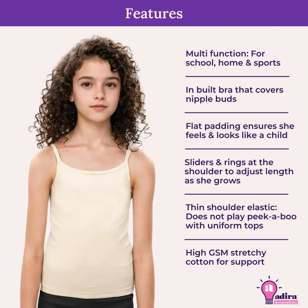 Cami With Built In Bra | Flat Padded | For Teens | Covers Nipple Buds | Confidence For School | Pack Of 2
