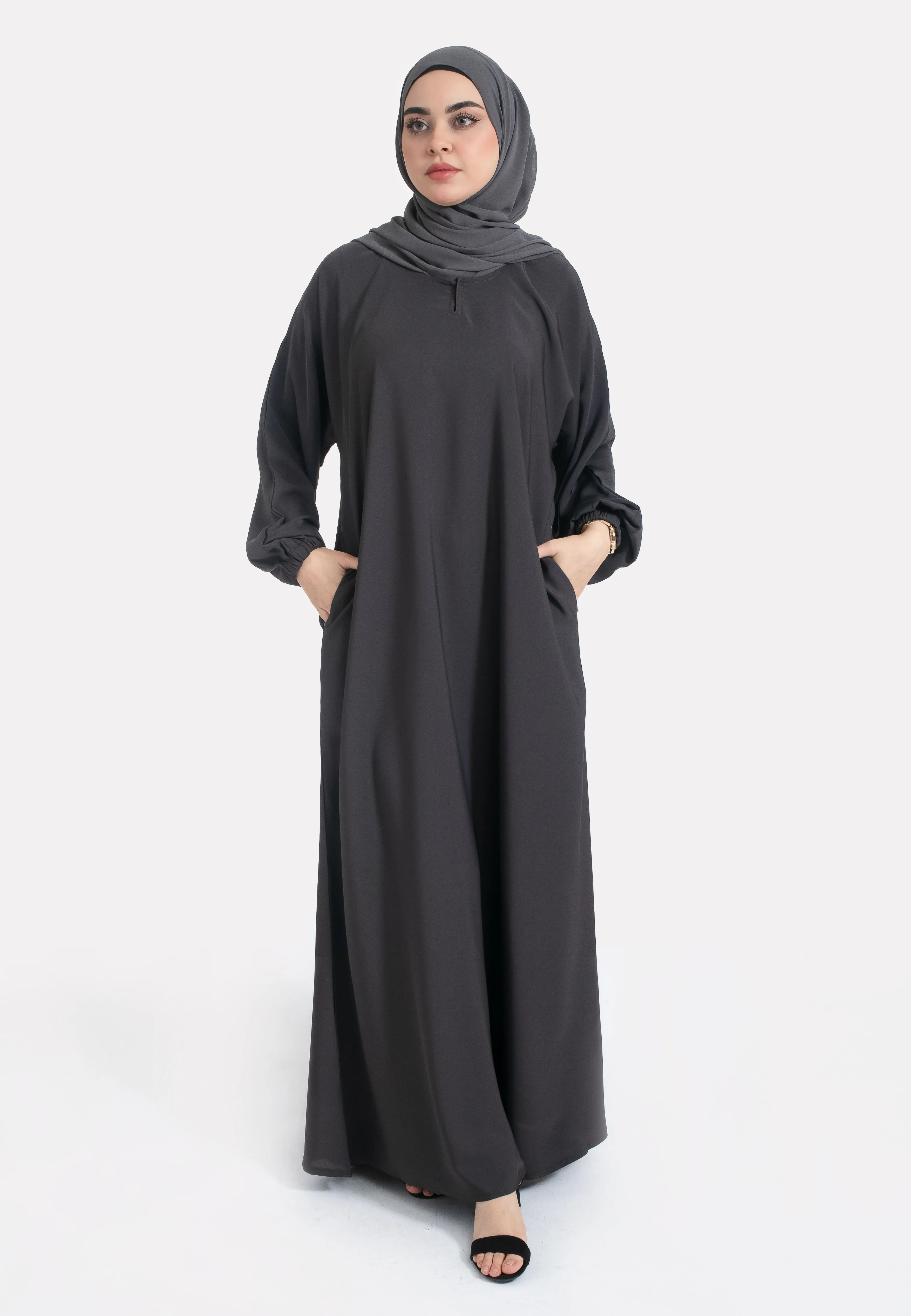 Charcoal Grey Closed Abaya with Zip Pockets & Cuff Sleeves
