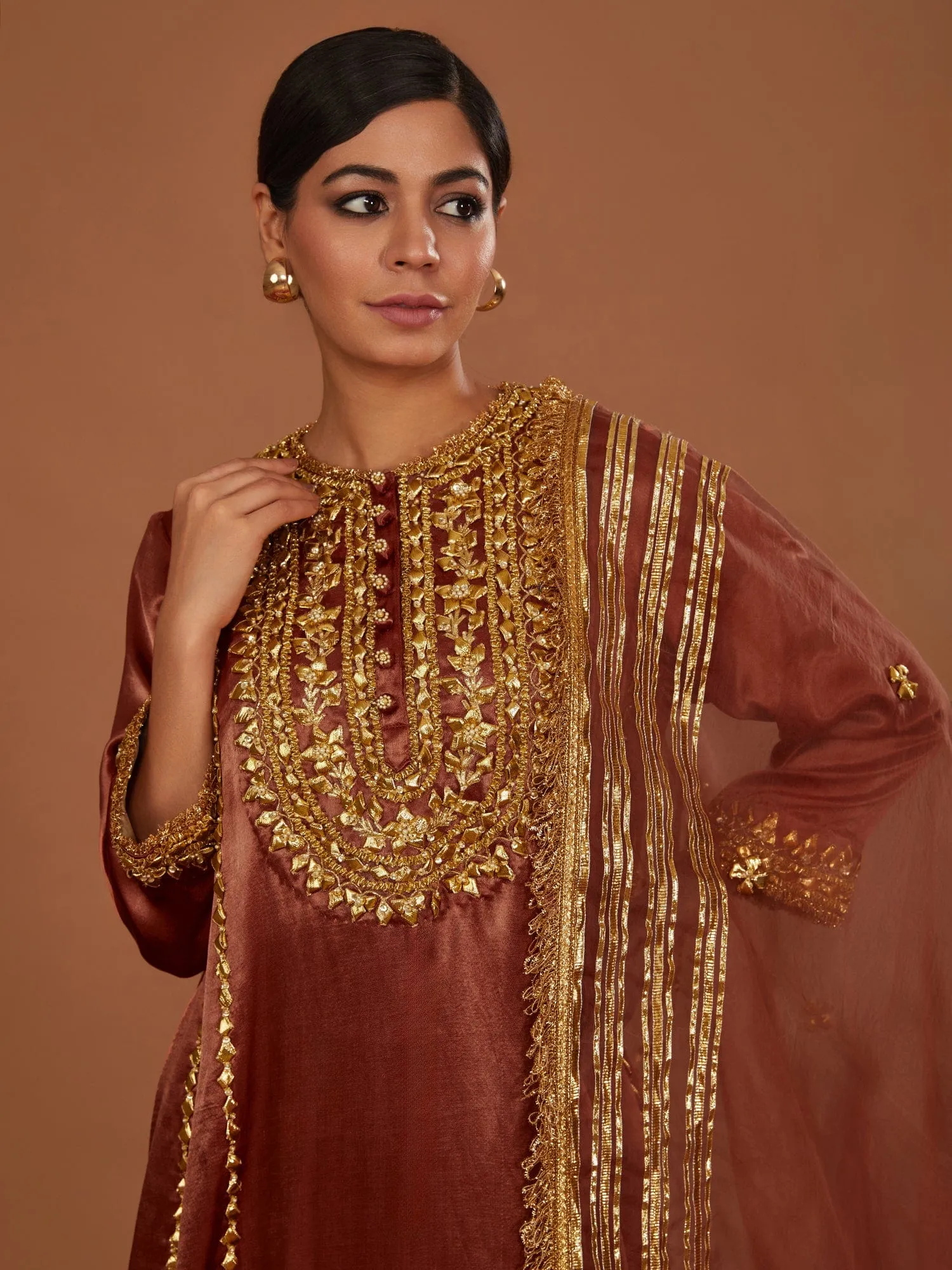 Chestnut Brown Mashru Silk Kurta and Salwar with an Organza Dupatta