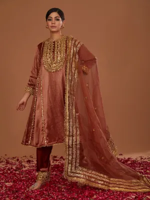 Chestnut Brown Mashru Silk Kurta and Salwar with an Organza Dupatta