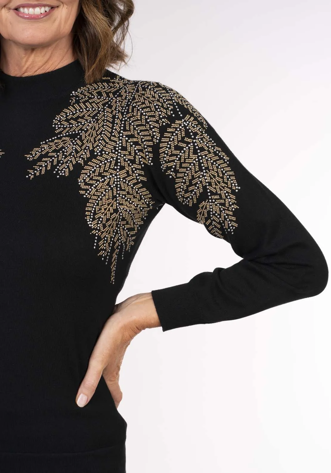 Christmas Leaf Glitter Shoulder Sweater - Black