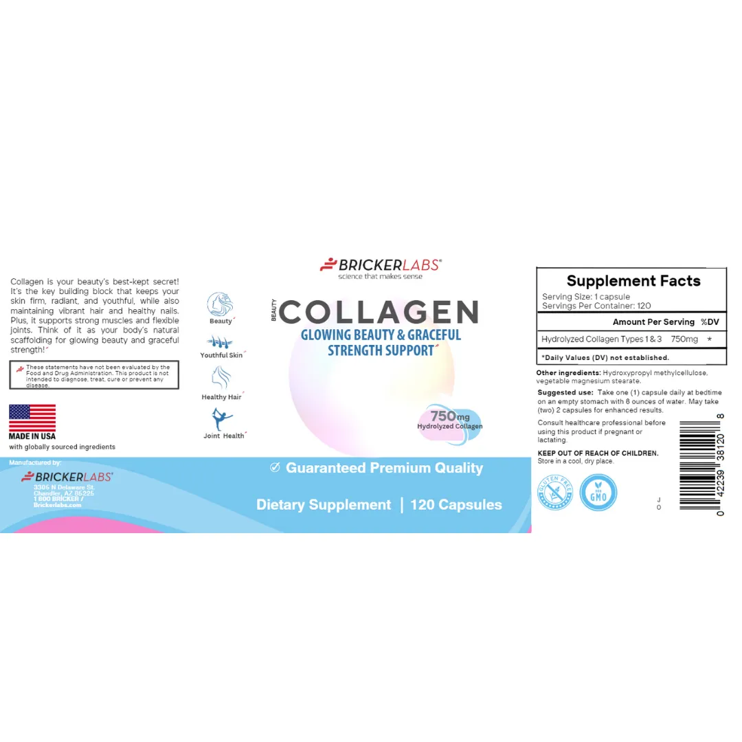 Collagen for Men & Women - Type I, III  Hydrolyzed Collagen Supplement 750mg, 1 collagen capsule daily - 120 servings