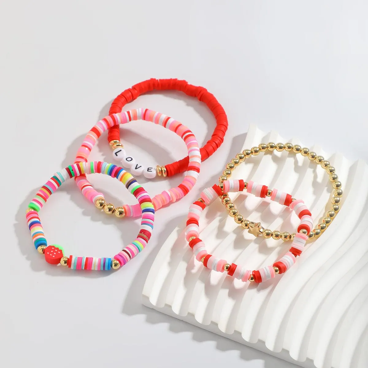 Colorful 5pcs Star Strawberry Letter Polymer Clay Beaded Bracelet Set