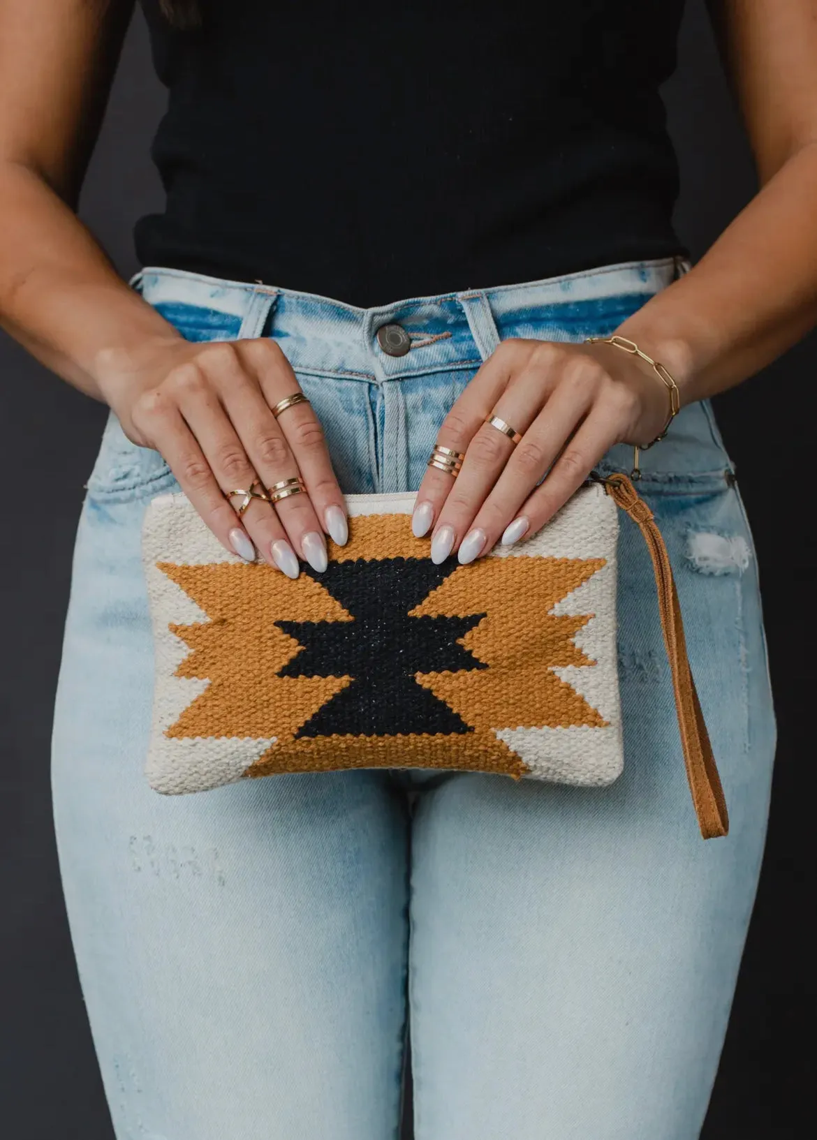 Cream, Mustard & Black Aztec Wristlet