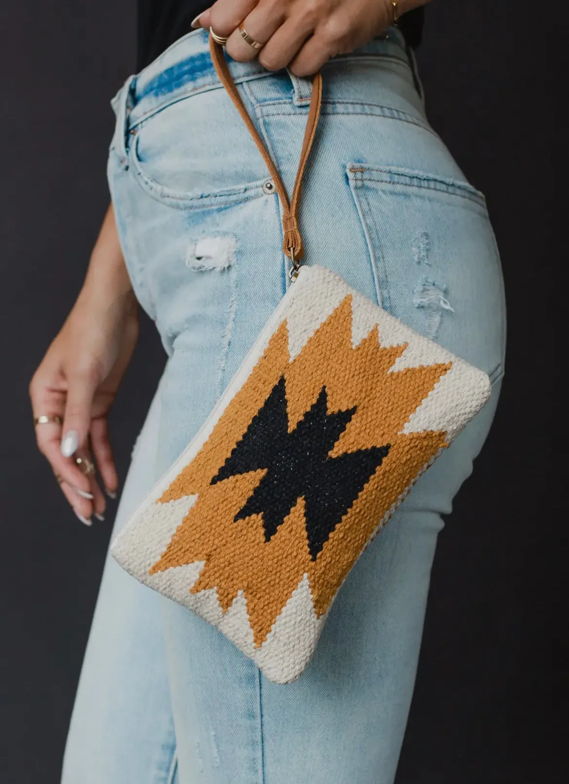 Cream, Mustard & Black Aztec Wristlet