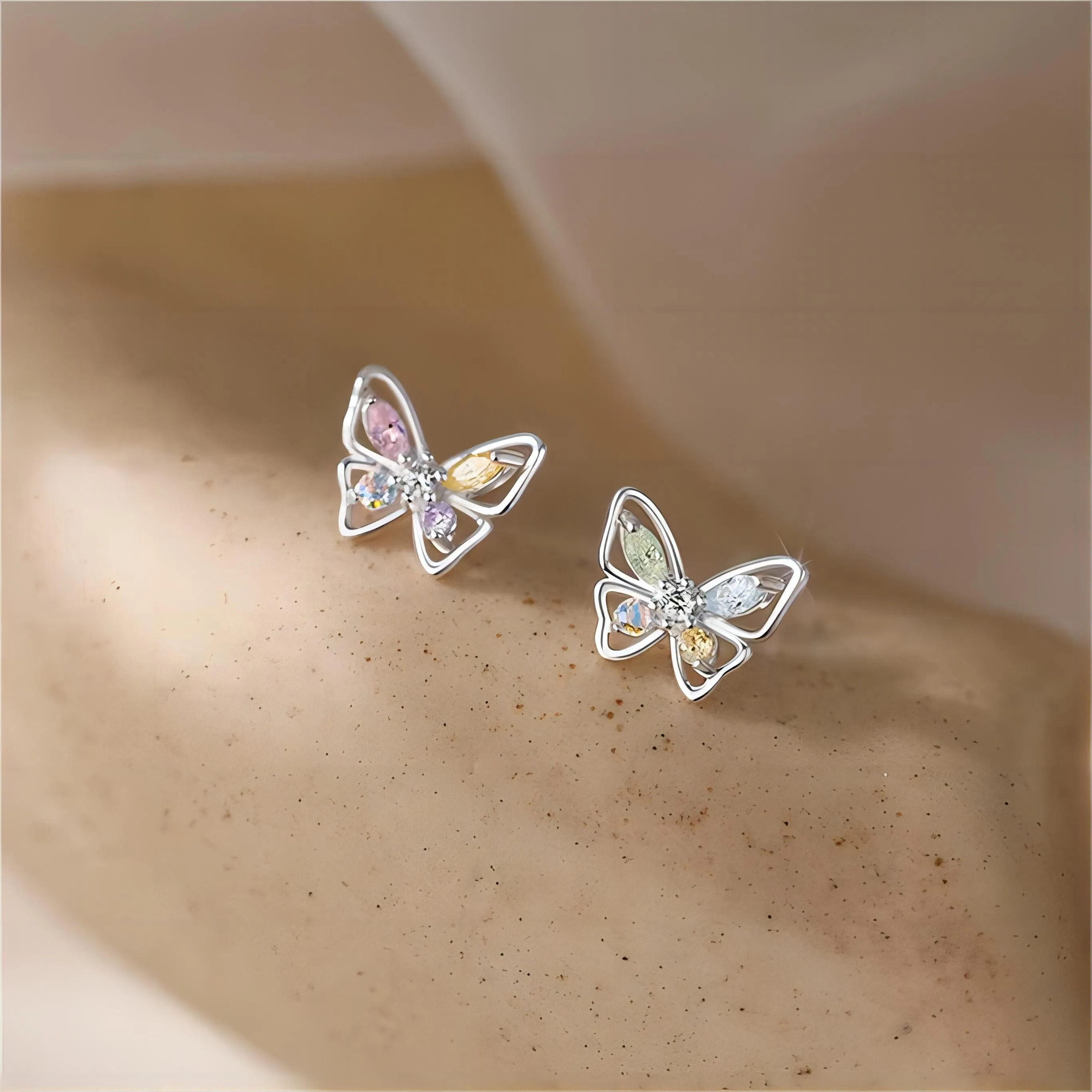 Dainty Colorful CZ Inlaid Silver Butterfly Earrings