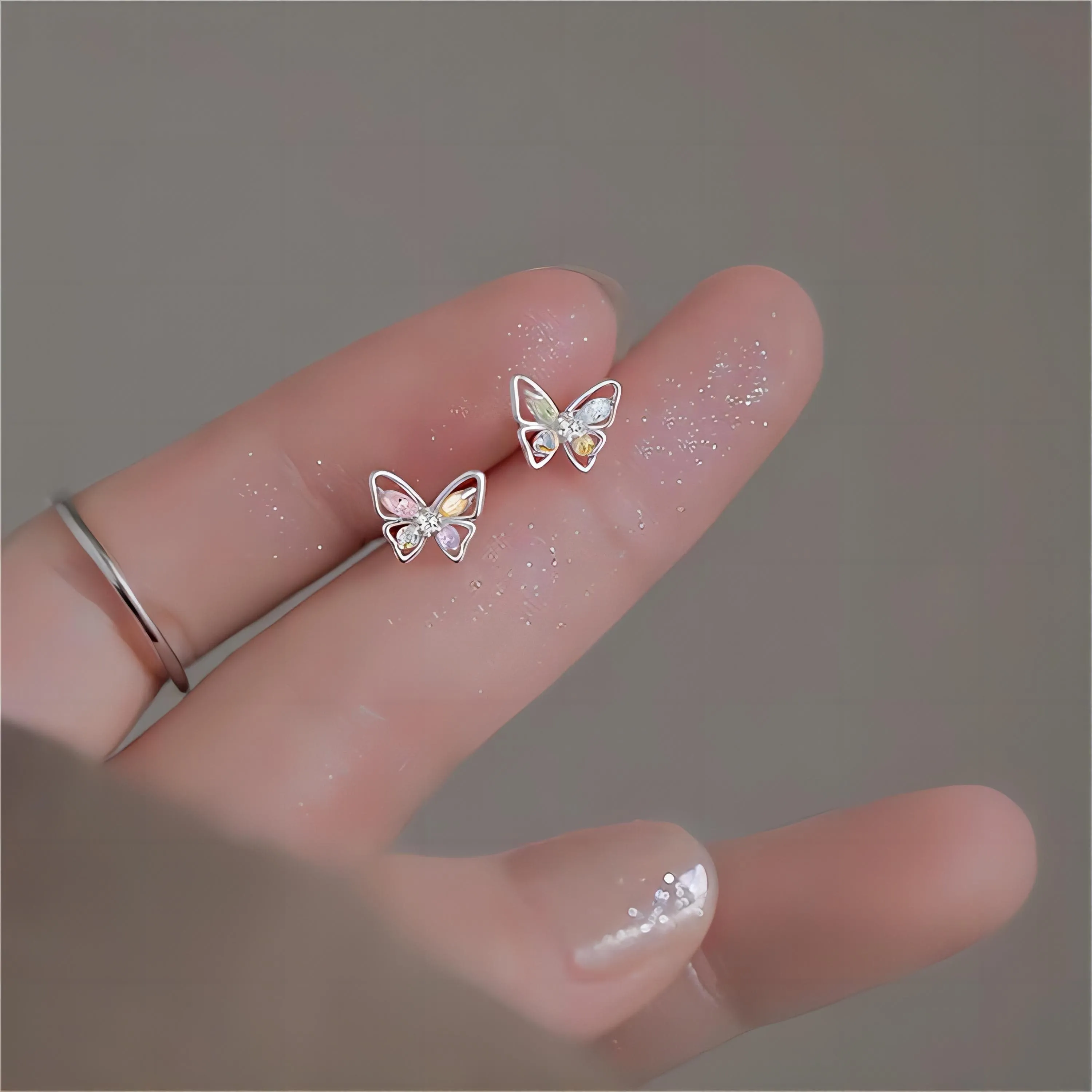 Dainty Colorful CZ Inlaid Silver Butterfly Earrings