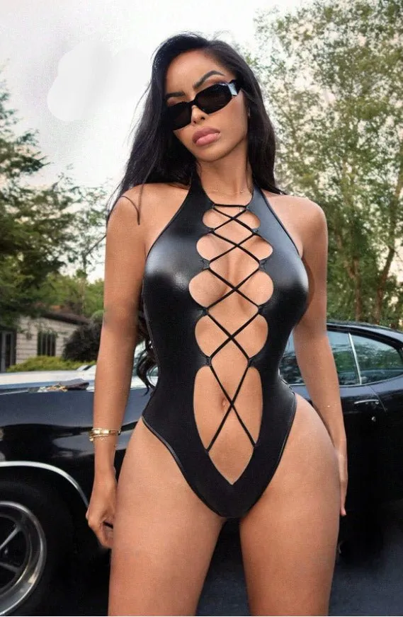 Daring PU Criss-Cross Bodysuit Teddy