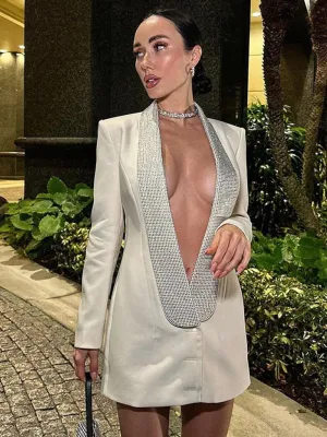 Deep V-neck Backless Suit Jacket with Rhinestone Embellishment