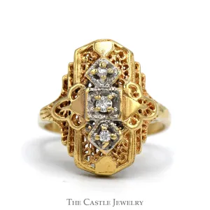 Diamond Accented Shield Ring with Open Filigree Design in 10k Yellow Gold