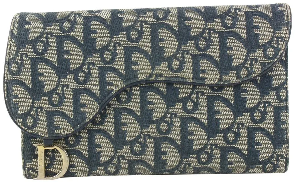 Dior Navy Blue Monogram Trotter Saddle Flap Long Wallet 2DA830