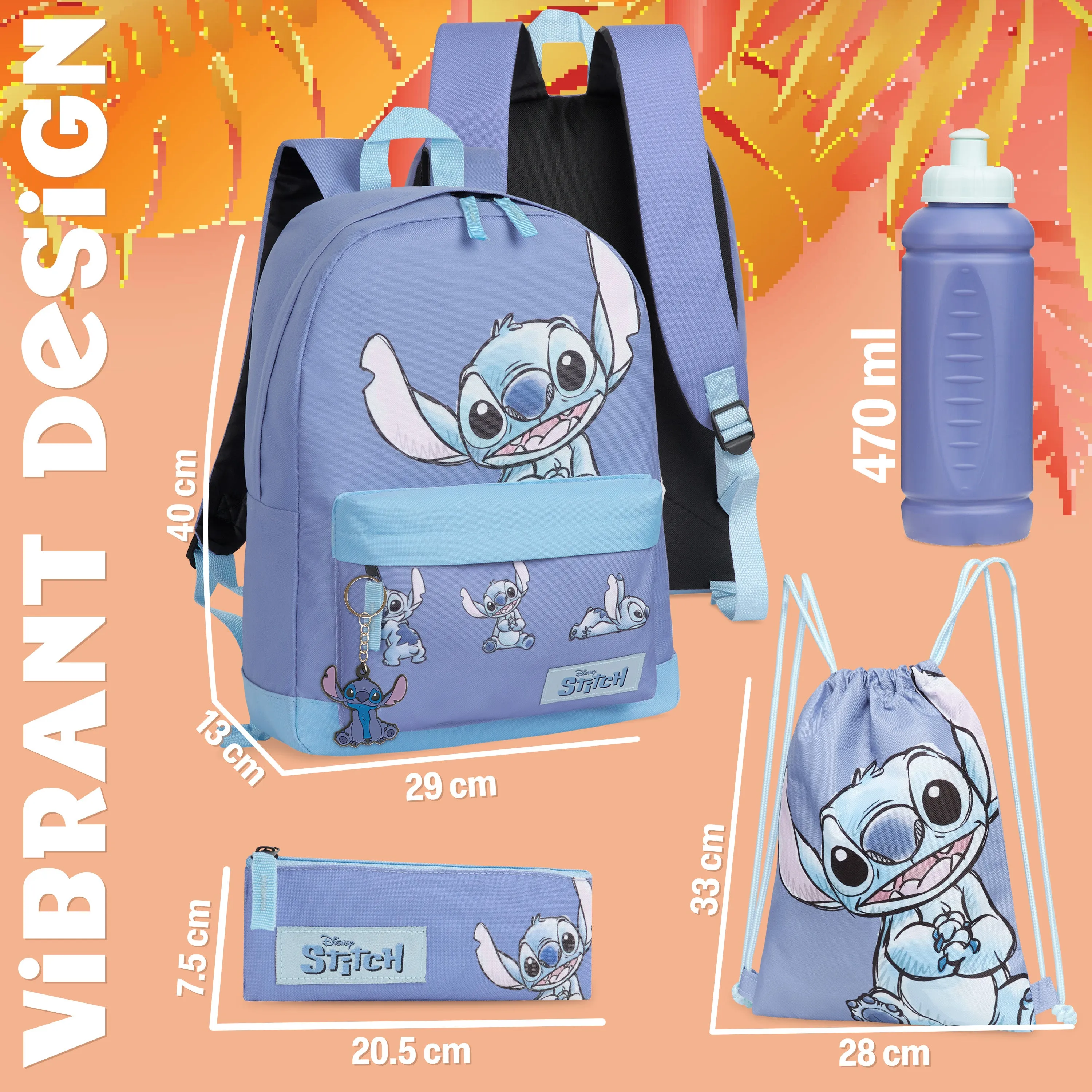Disney Stitch School Bag Set, 5 Pieces with Backpack, Drawstring Bag, Pencil Case, Water Bottle & Keyring - Stitch Gifts