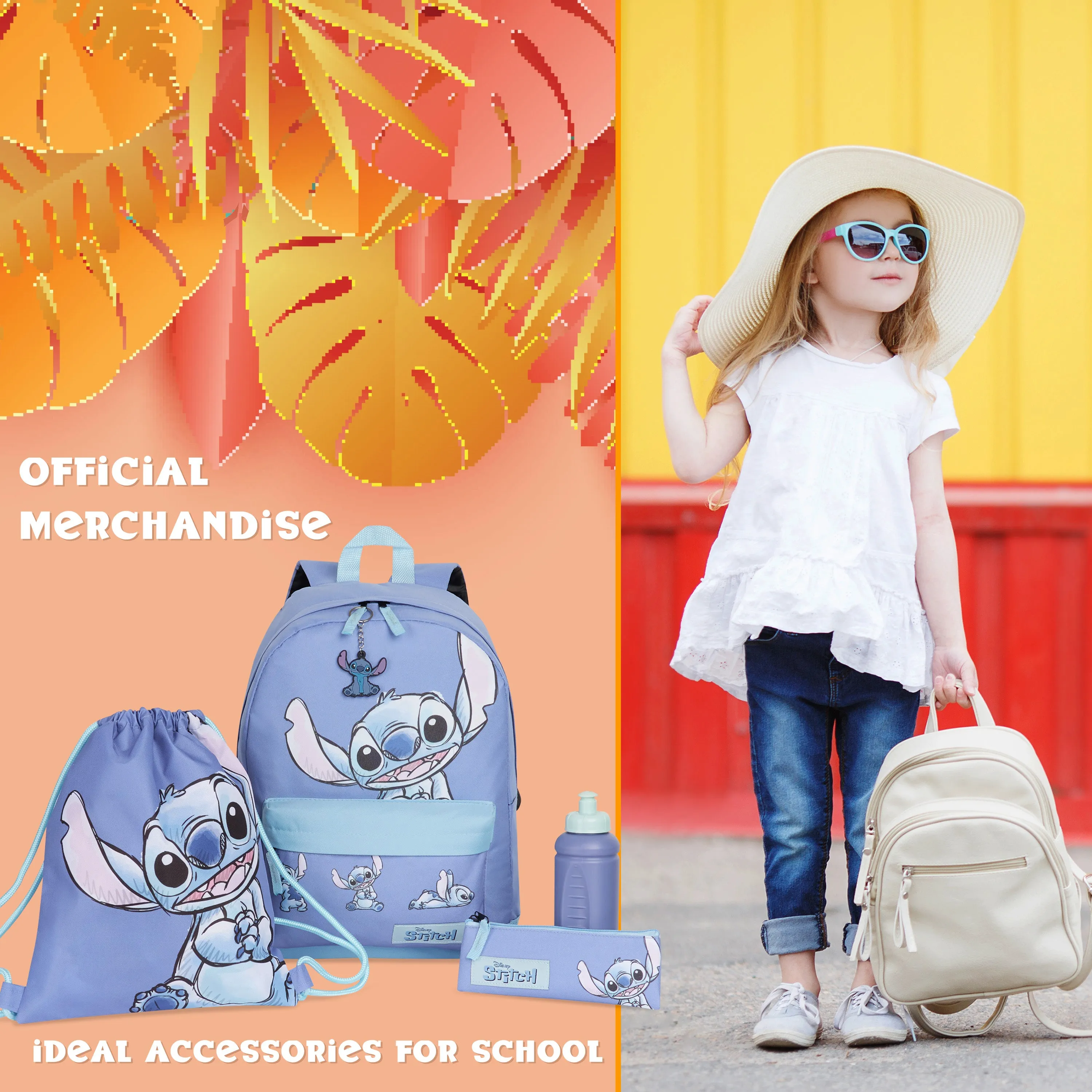 Disney Stitch School Bag Set, 5 Pieces with Backpack, Drawstring Bag, Pencil Case, Water Bottle & Keyring - Stitch Gifts