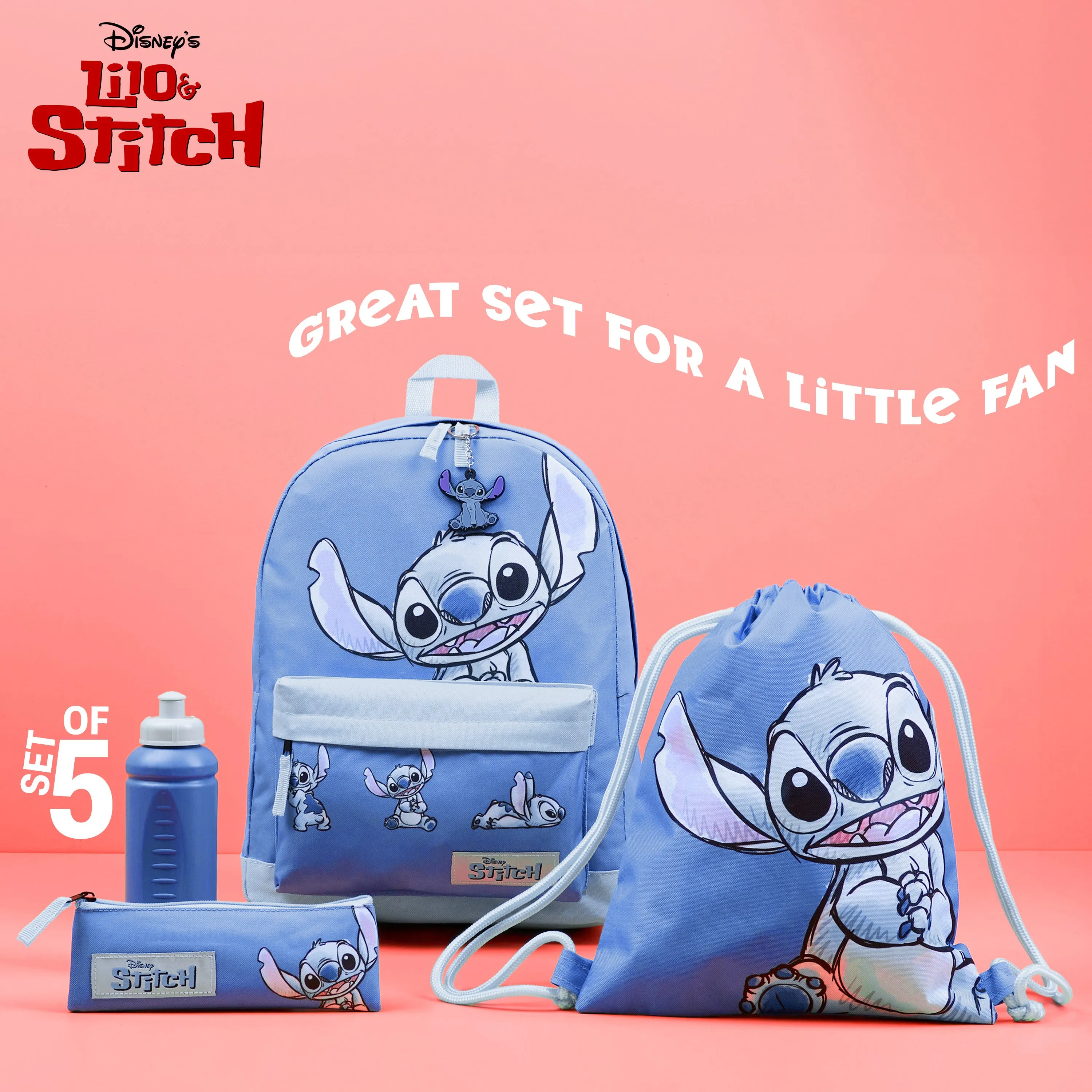 Disney Stitch School Bag Set, 5 Pieces with Backpack, Drawstring Bag, Pencil Case, Water Bottle & Keyring - Stitch Gifts