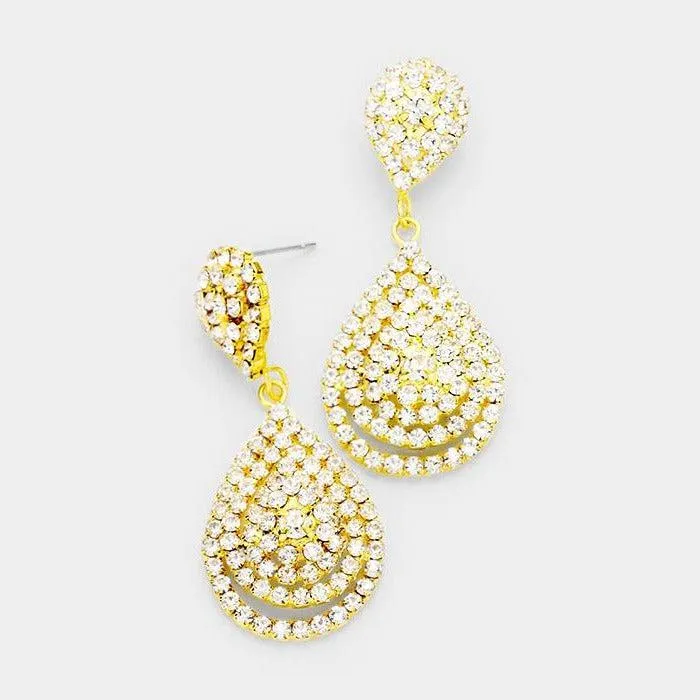 Double Teardrop Clear Crystal Evening Earrings
