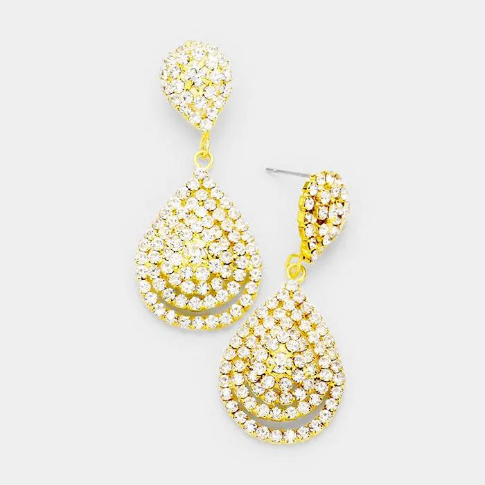 Double Teardrop Clear Crystal Evening Earrings