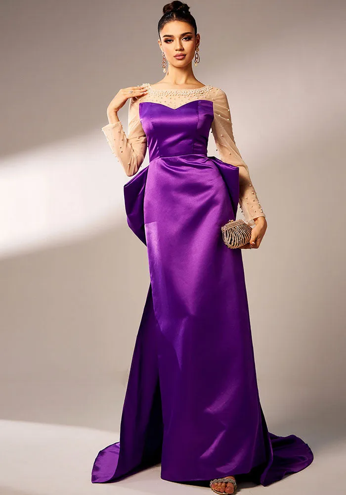 Elegant Beaded Long-Sleeve Bow-Detail Evening Gown with Dramatic Flair