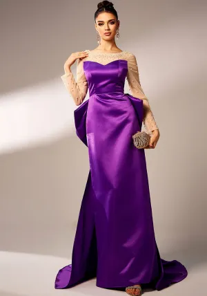 Elegant Beaded Long-Sleeve Bow-Detail Evening Gown with Dramatic Flair