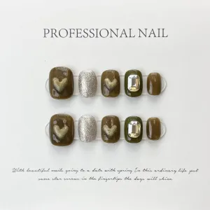 Elegant Chocolate Jewel Hearts – Luxe Brown Nails with Sparkling Detail
