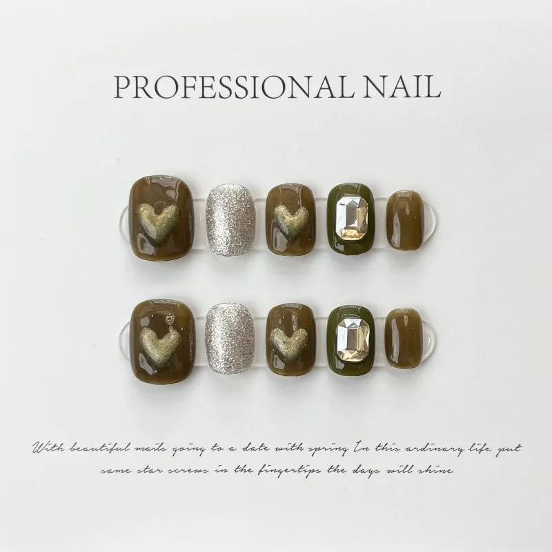 Elegant Chocolate Jewel Hearts – Luxe Brown Nails with Sparkling Detail