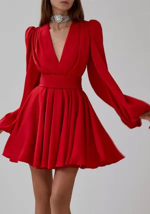 Elegant French Pleated Puff Sleeve Belted V-Neck Dress