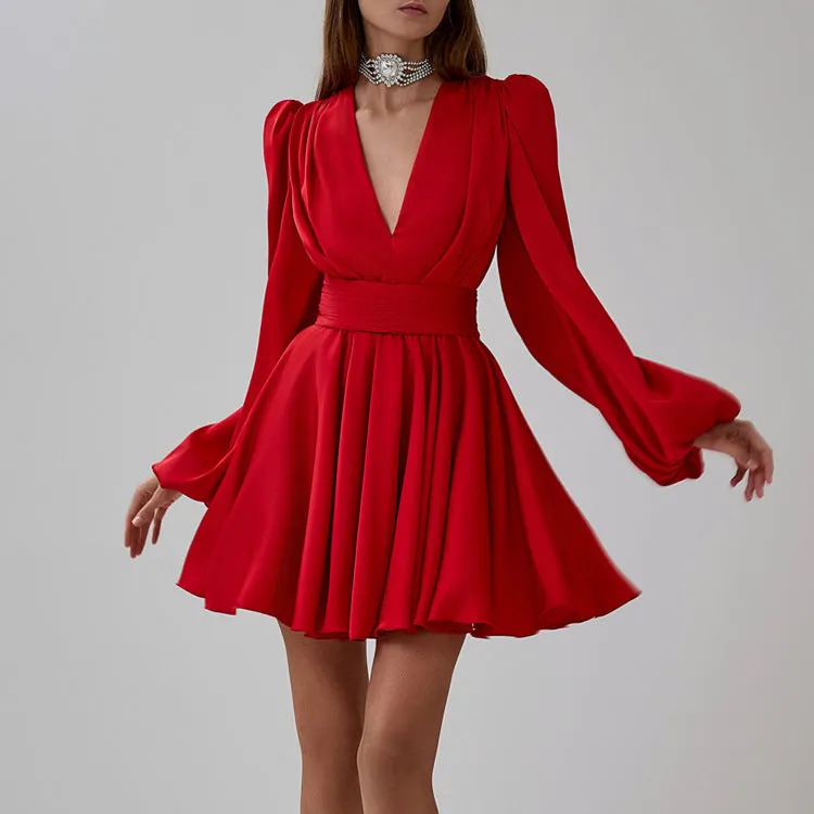 Elegant French Pleated Puff Sleeve Belted V-Neck Dress