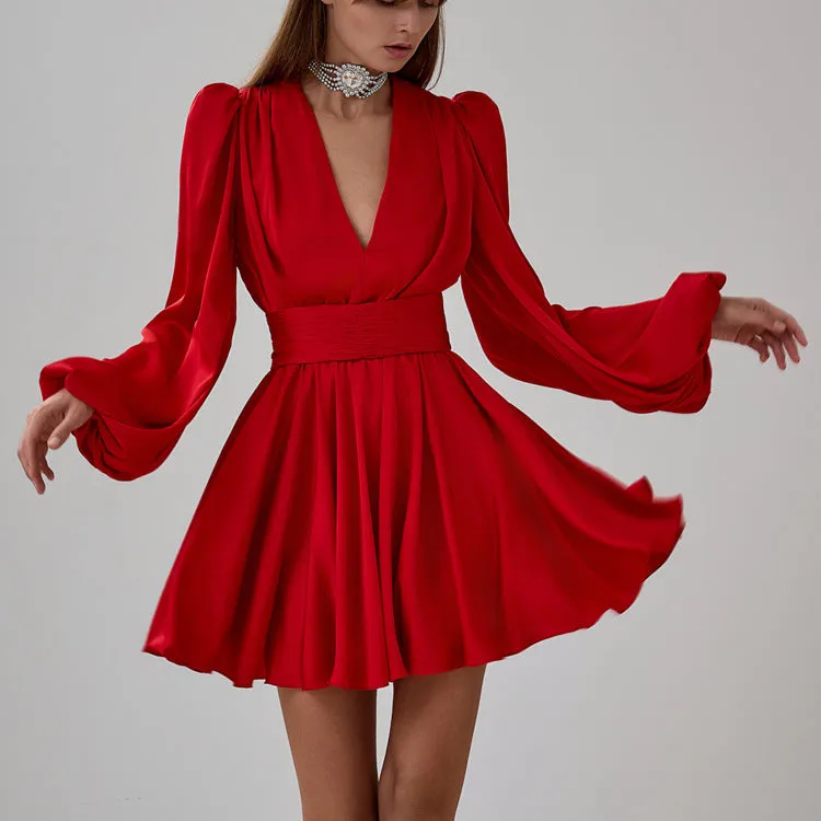 Elegant French Pleated Puff Sleeve Belted V-Neck Dress