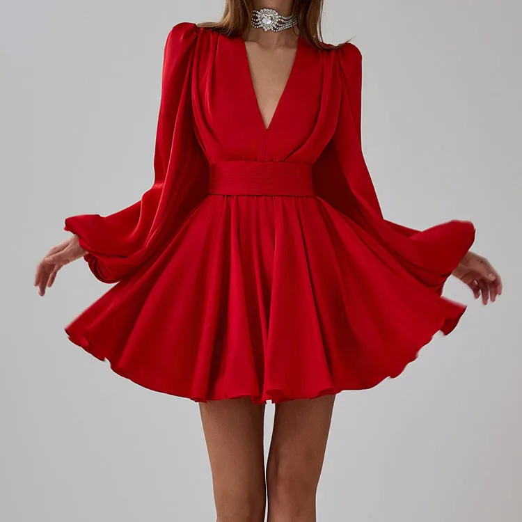 Elegant French Pleated Puff Sleeve Belted V-Neck Dress