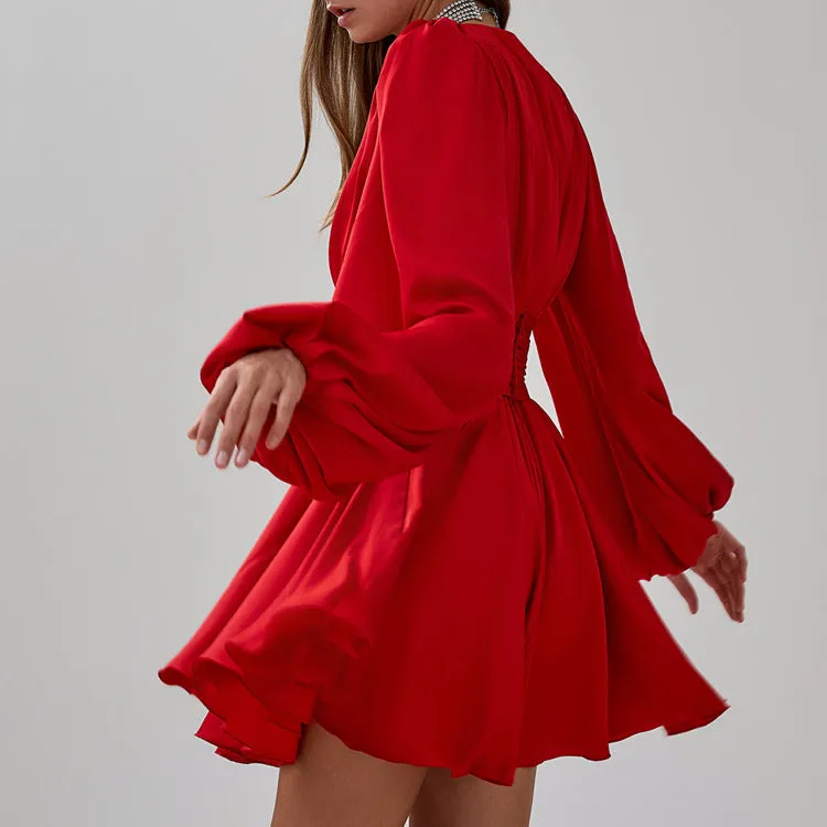 Elegant French Pleated Puff Sleeve Belted V-Neck Dress