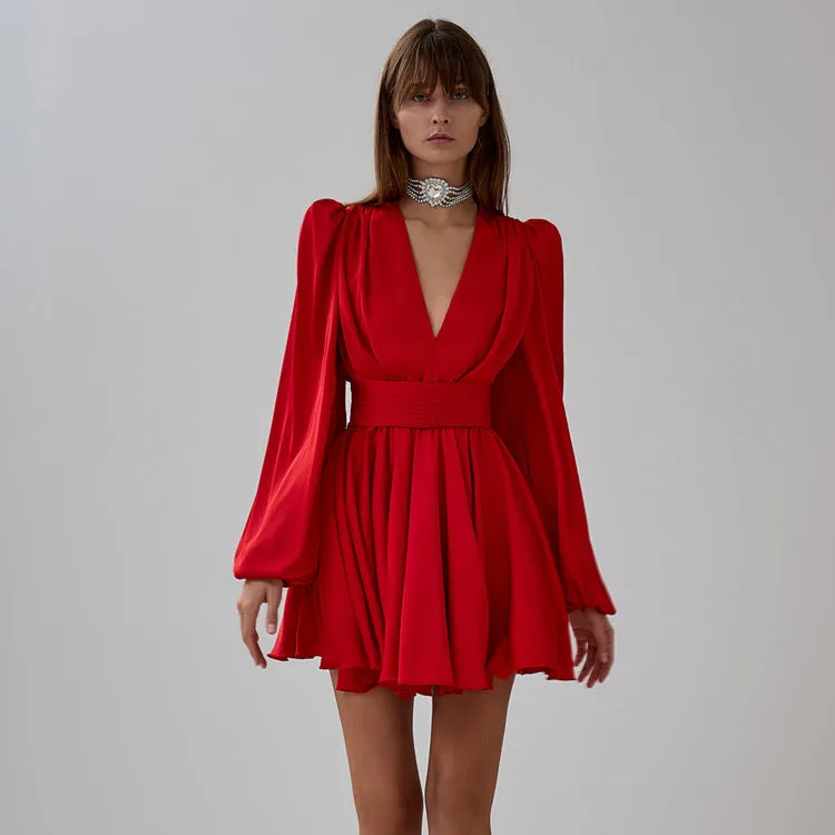 Elegant French Pleated Puff Sleeve Belted V-Neck Dress