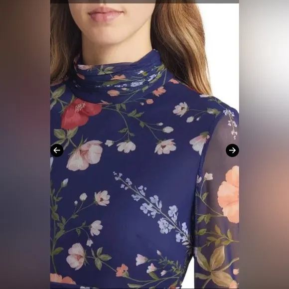 ELIZA J Floral Mock Neck Long Sleeve Sheer Long Sleeve Mesh Midi Dress EJ3-0479