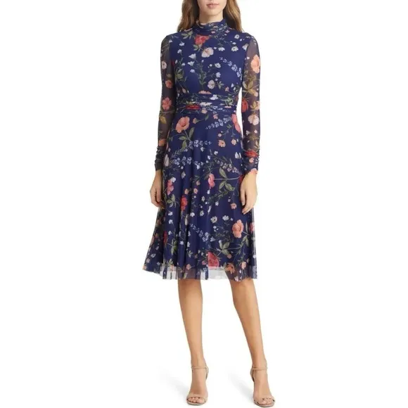 ELIZA J Floral Mock Neck Long Sleeve Sheer Long Sleeve Mesh Midi Dress EJ3-0479