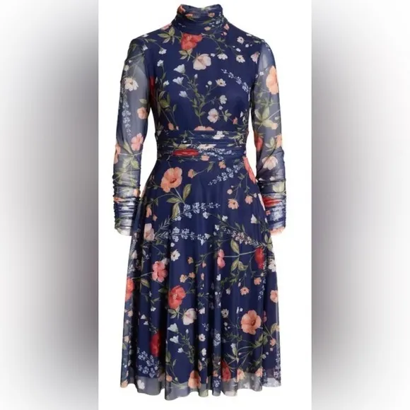 ELIZA J Floral Mock Neck Long Sleeve Sheer Long Sleeve Mesh Midi Dress EJ3-0479