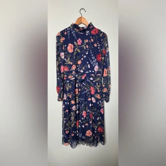 ELIZA J Floral Mock Neck Long Sleeve Sheer Long Sleeve Mesh Midi Dress EJ3-0479