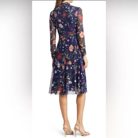 ELIZA J Floral Mock Neck Long Sleeve Sheer Long Sleeve Mesh Midi Dress EJ3-0479