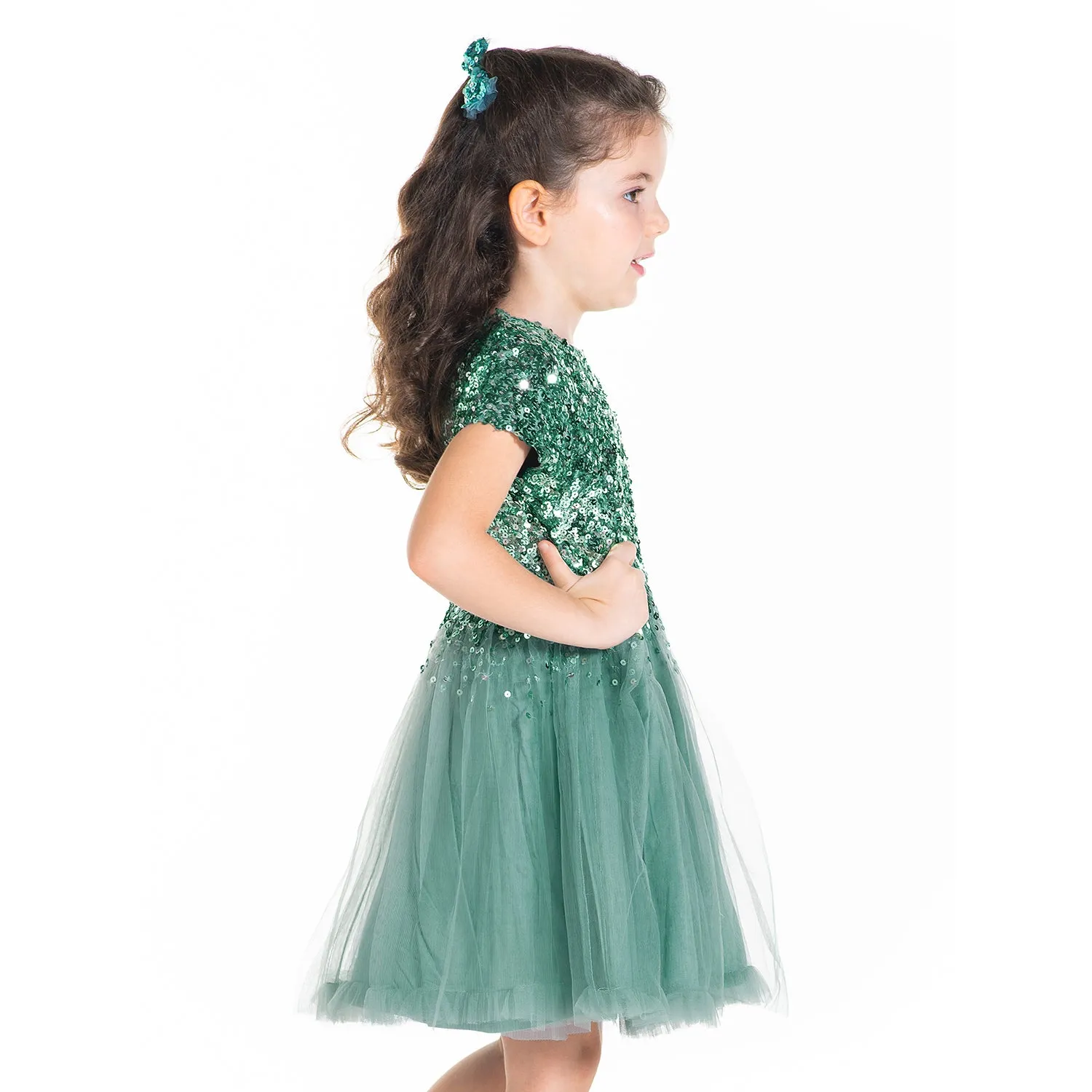 Emerald Sequins Dress with Bow and Clip